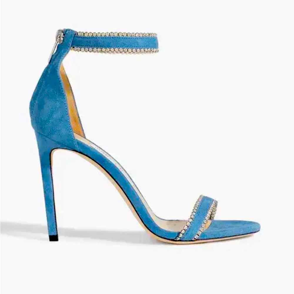 Jimmy Choo Dochas 100 Blue Suede Jewel Crystal trim Ankle Strap Stiletto Sandal